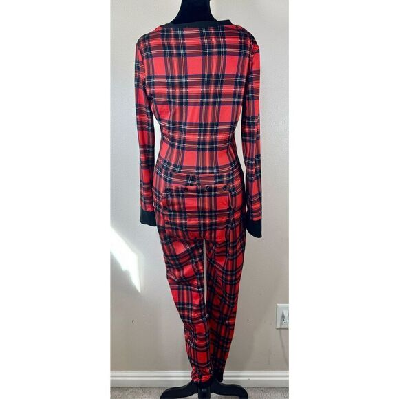 CBR Christmas Holiday Plaid Butt Button Flap Jumpsuit Romper Pajamas Women's S - Picture 5 of 16